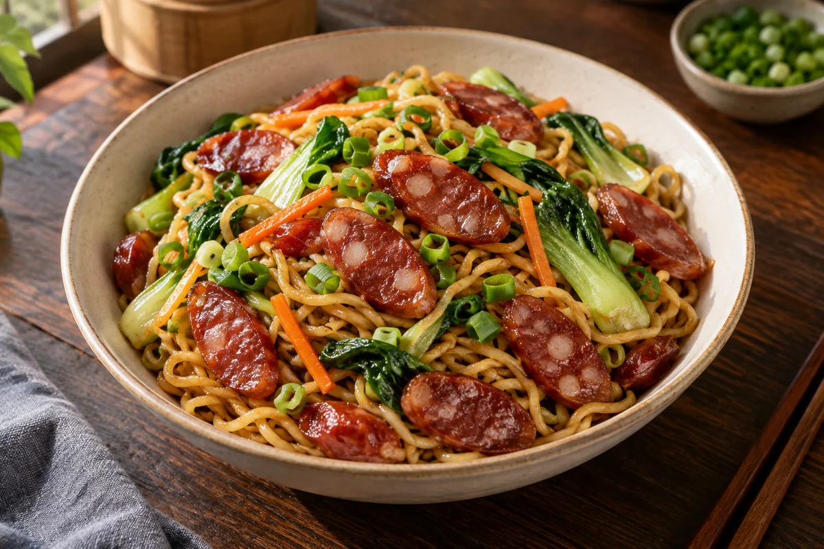 Chinese Sausage Noodles — illustrative serving suggestion
